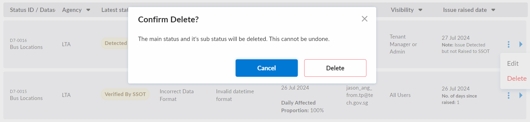 Delete Main Data Status