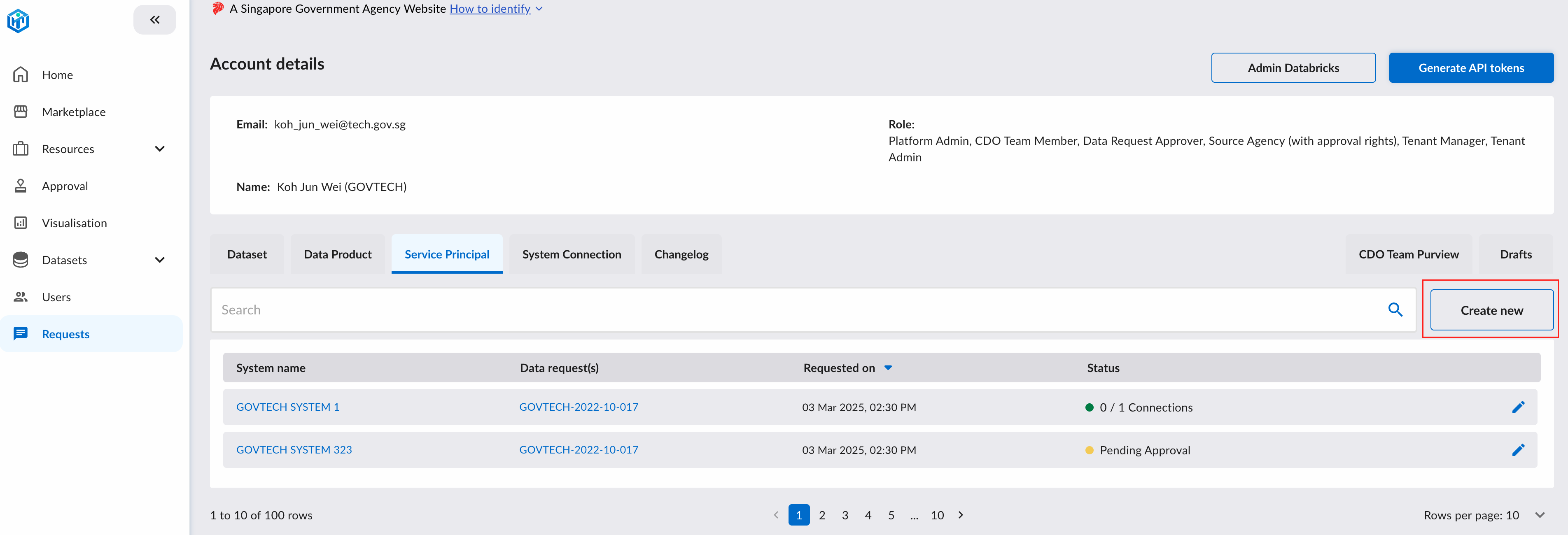 Service Principal Create New Button