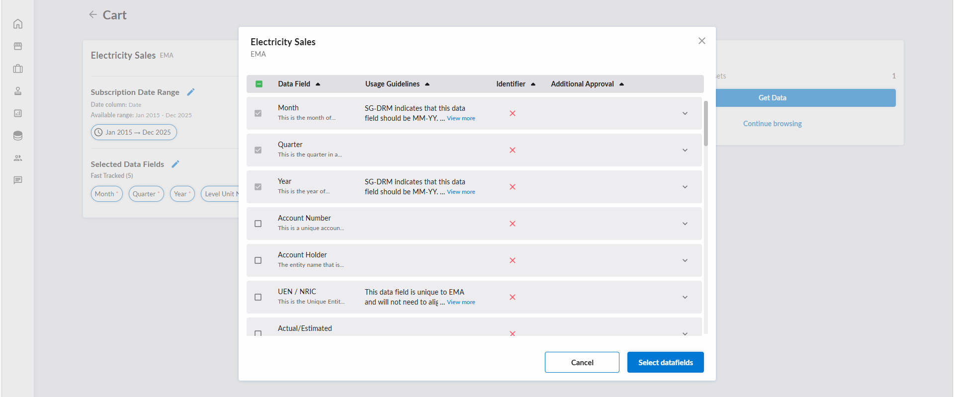 Datafield selection popup