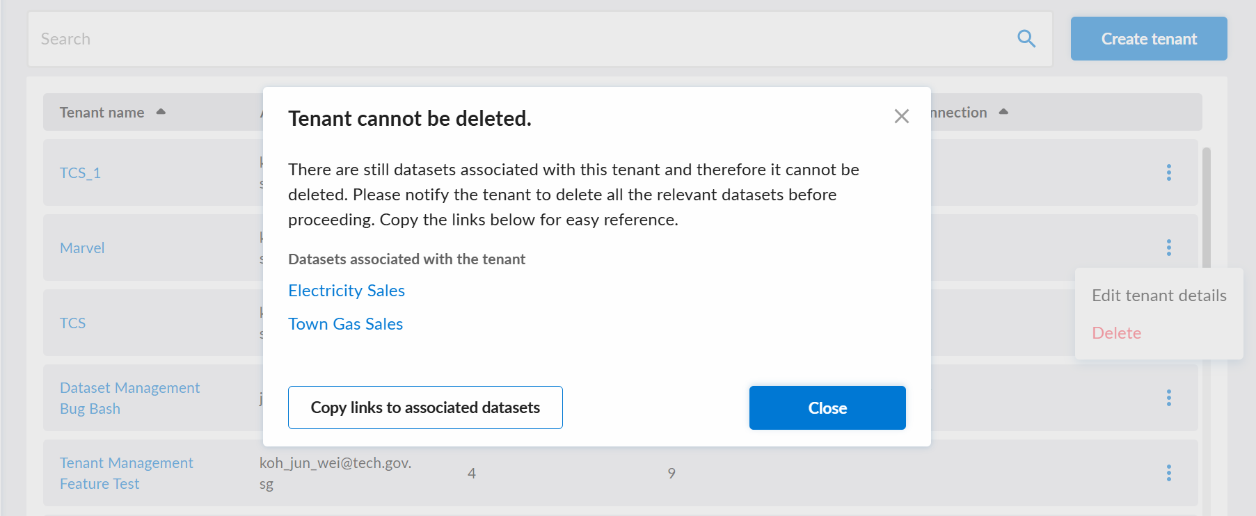 Delete Tenant with Datasets Dialog