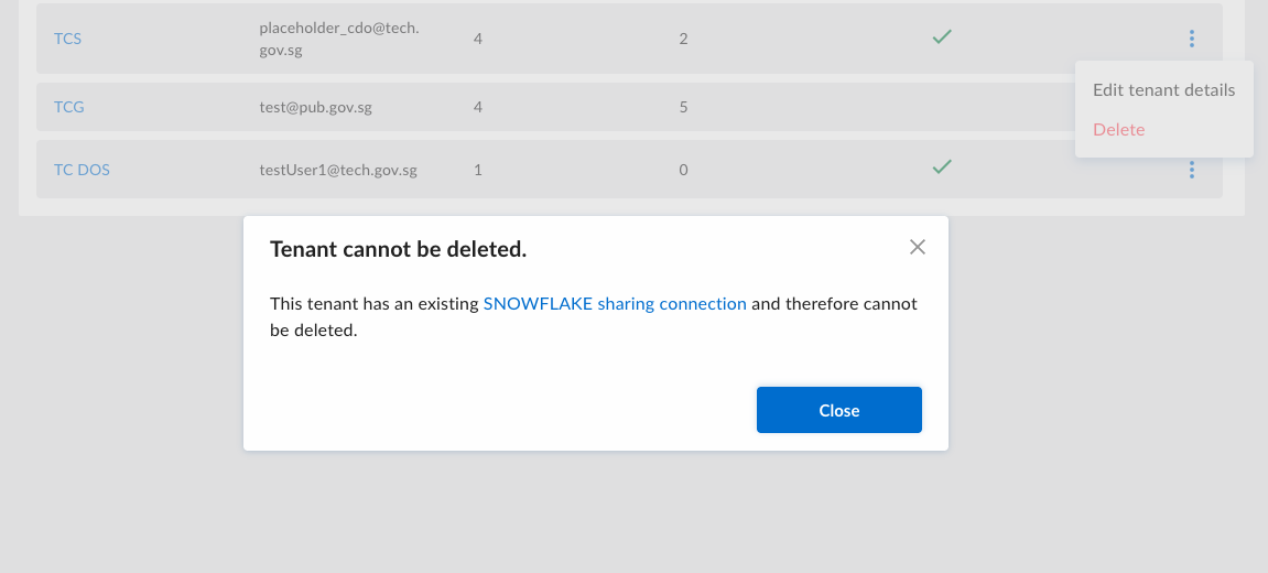 Delete Tenant with System Connection Dialog