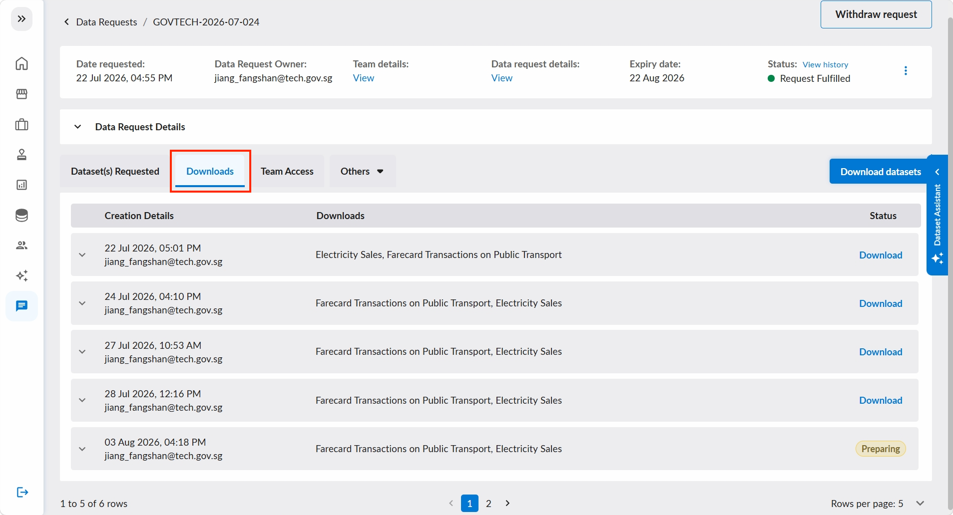 Dataset Downloads Tab