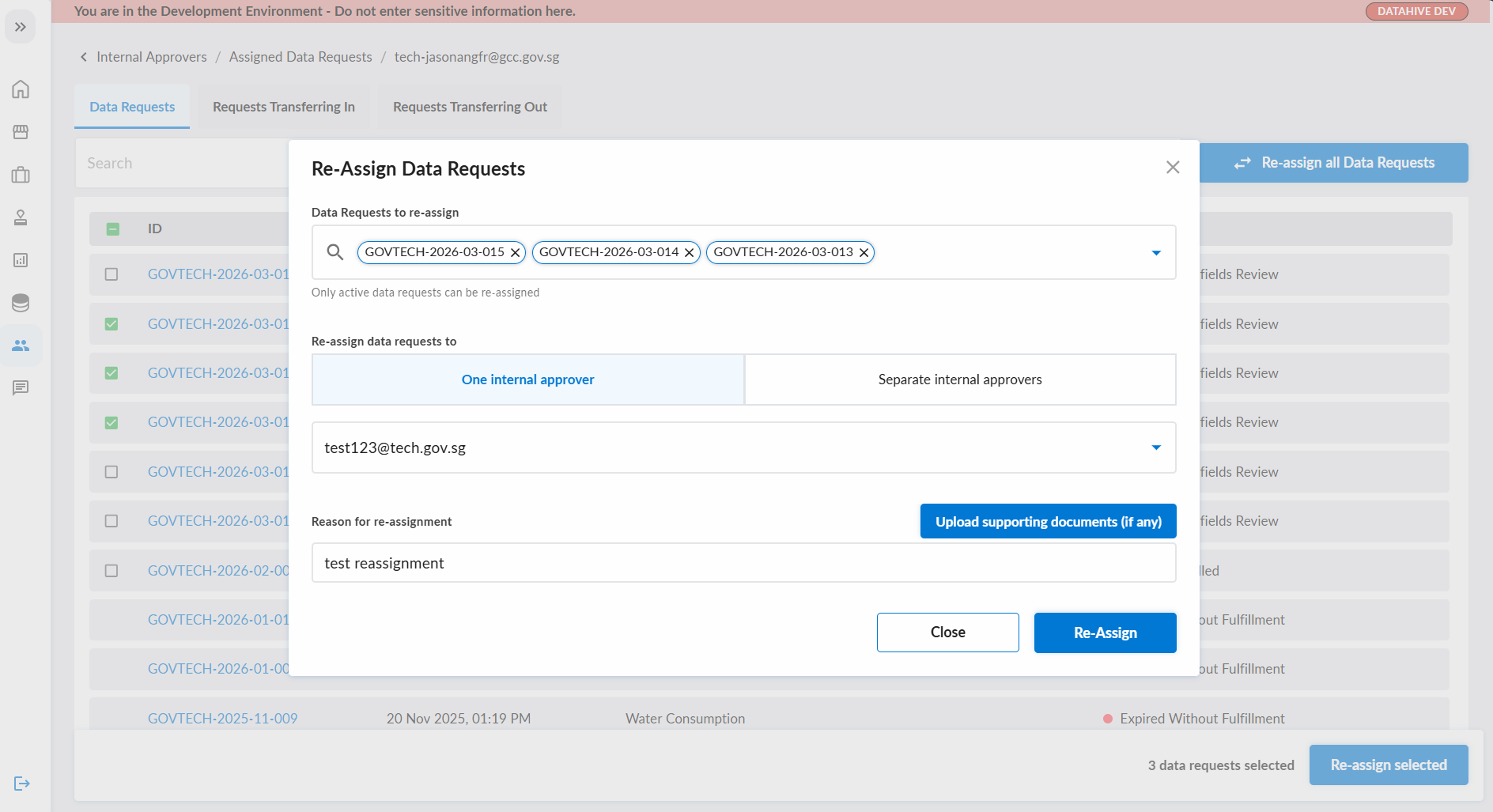 Re-assign Data Requests Popup
