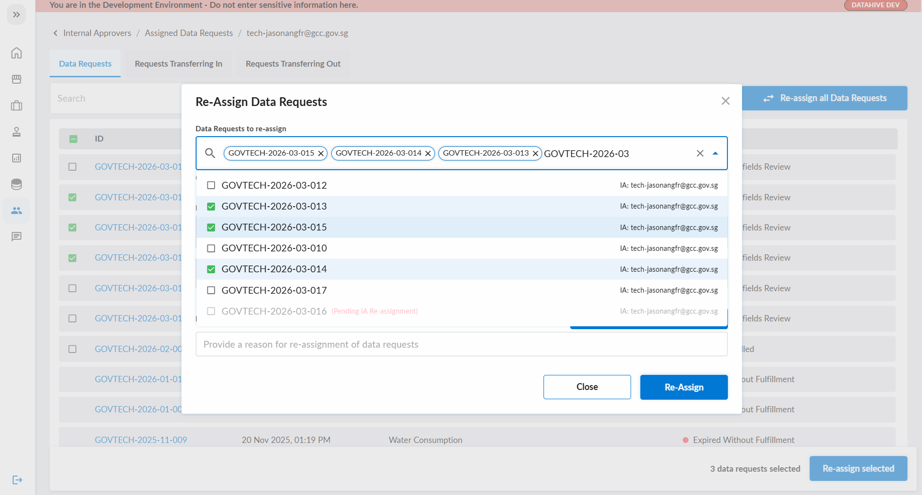 Re-assign Data Requests Options