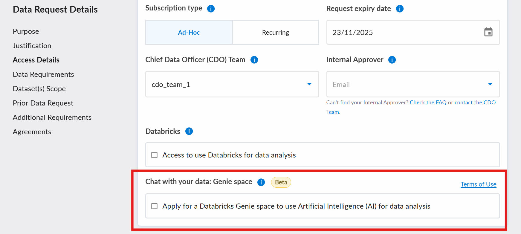 Genie space request in request form