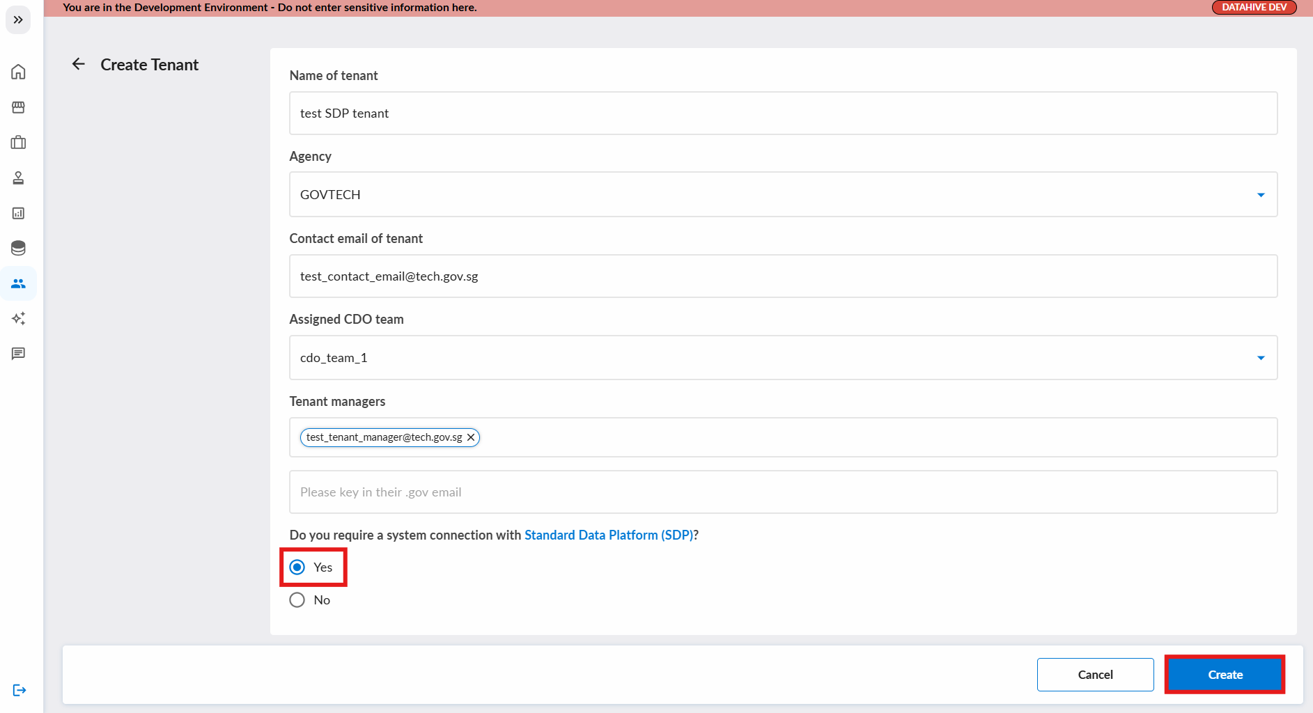 SDP-Connected Tenant Creation Form